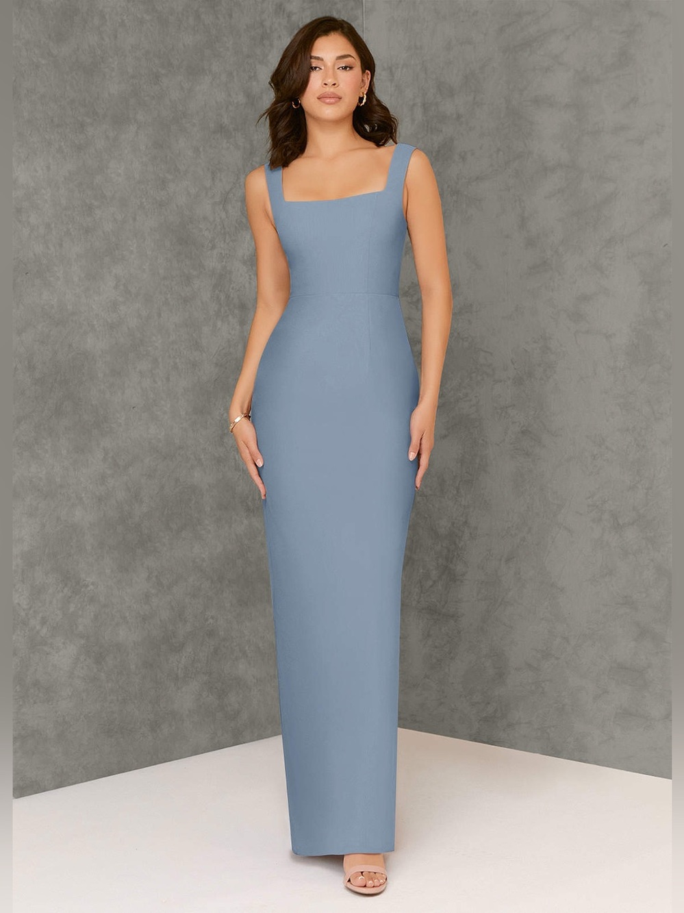 Azazie Flori Dusty Blue Sheath Square Neckline Chiffon Dress Size 2